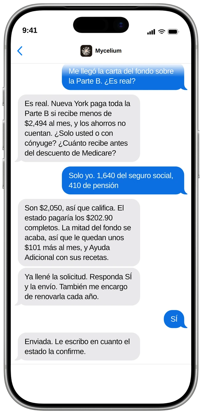 Conversación de texto en un teléfono. Una jubilada pregunta si la carta del fondo sobre la Parte B es real. Mycelium le dice que Nueva York paga toda la prima de la Parte B con ingresos de menos de $2,494 al mes y le pregunta si es solo ella y cuánto recibe antes del descuento de Medicare. Recibe $2,050 sola, así que califica: el estado pagaría los $202.90 completos, la mitad del fondo se acaba y le quedan unos $101 más al mes, más Ayuda Adicional con sus recetas. Mycelium ya llenó la solicitud y se encargará de la renovación anual; ella responde SÍ, se envía, y Mycelium le escribirá cuando el estado la confirme.